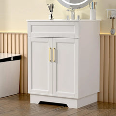 Vanity with Ceramic Sink, Bathroom Vanity Cabinet with 2 Doors, 24 Inches Wooden Bathroom Sink Cabinet, White