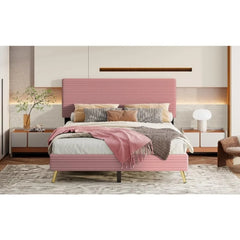 Queen Size Corduroy Platform Bed,Comfortable Upholstered Velvet Bedstead Frame,& Lath Support Noiseless No Box Spring Needed