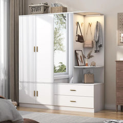 Armoire Wardrobe Closet with Mirror and Sensor Light, Bedroom Armoire with 5 Doors 2 Drawers, Modern Wooden Large Wardrobe