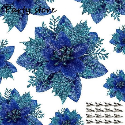 Blue Glitter Christmas Flower 2024 Xmas Tree Artifical Flower Ornaments Merry Christmas DIY Decoration Home Happy New Year Party