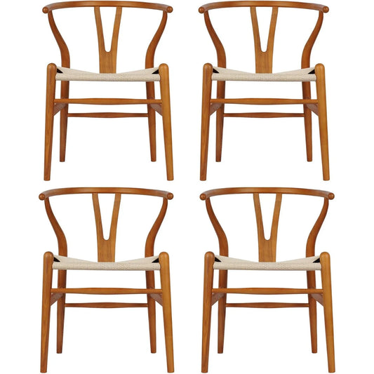 Set of 4 Wishbone Chair Solid Wood Y Chair Mid-Century Armrest Dining Chair, Hemp Seat (Ash Wood - Walnut)