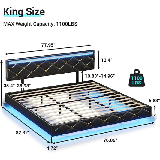 Floating Bed Frame King Size with Led Lights and USB Ports,Faux Leather Platform King Bed Frame with Headboard Easy To Assemble