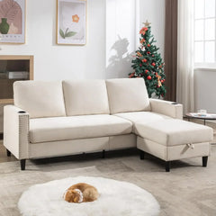 Convertible Sectional Couches for Living Room, L-Shaped Couch 3 Seats Sofas with Storage Chaise & 2 Cup Holders