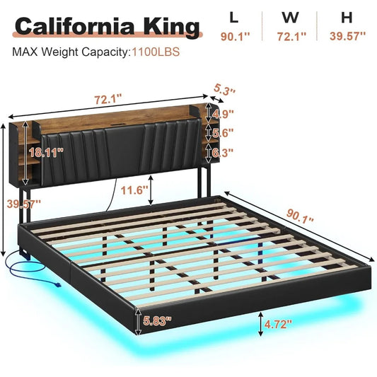 California King Floating Bed Frame with Hidden Storage Headboard and Charging Station Floating Platform Bed with Led Lights