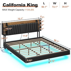 California King Floating Bed Frame with Hidden Storage Headboard and Charging Station Floating Platform Bed with Led Lights