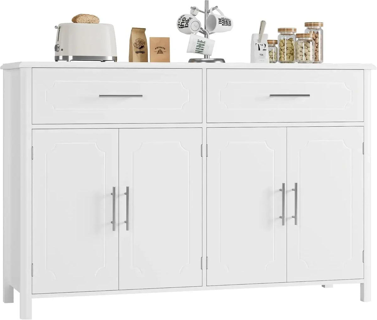 HOSATCK Buffet Sideboard Cabinet, White Coffee Bar Cabinet with 2 Drawers & 4 Doors for Kitchen, Dining Room, Living Room