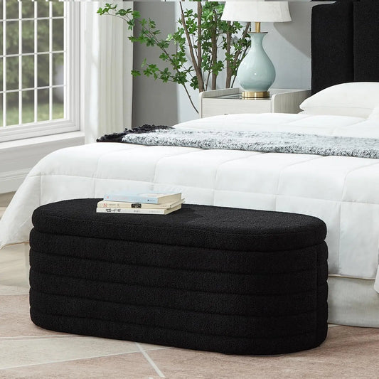 Stool, Modern Oval Storage Ottoman Bench, Upholstered Boucle Teddy Fabric End of Bed Bench with Storage, Black, Stool