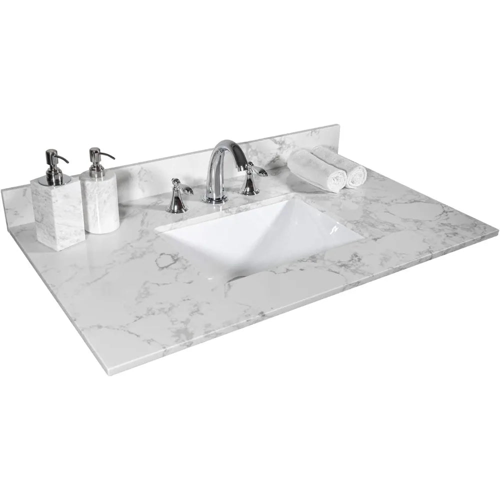 31 Inch Marble Vanity Top with Undermounted Rectangular Ceramic Sink & Backsplash, Engineered Stone Countertop Vanity Sink Top