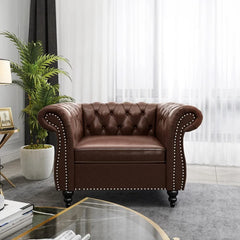 3 piece living room set, cheongsam leather sofa loveseat couch chair with scroll arms and nailhead for living room office (Sudar