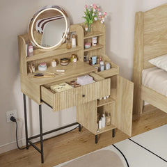 Fluted Makeup Vanity Desk with Mirror and Lights Modern Drawer Storage LED Table Power Outlet Small for Bedroom Dressing