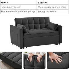 3 in 1 Convertible Sleeper Sofa Bed, Futon Couches for Living Room with Side Pocket | Adjustable Backrest| Velvet Fabric | Pull