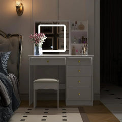 Homsee Vanity Desk Set Makeup Table with Large Sliding Lighted Mirror & Glass Top, Modern Dressing Table with Drawers,