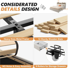 King size bed frame with storage space and headboard, king size bed frame with 2 drawers, noiseless and no need for a spring box