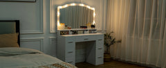 43.3" Vanity Desk with Large Lighted Mirror, 7 Drawers & 10 Lights Bulbs, 3 Lighting Colors, Vanity Table for Women Girls