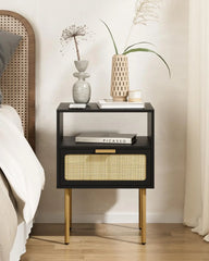 Rattan Nightstand with Charging Station, 2 Drawer Dresser for Bedroom, Small Bedside Table with 2 Drawers, Night Stand,