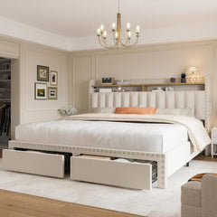 King size bed frame with storage space and headboard, king size bed frame with 2 drawers, noiseless and no need for a spring box