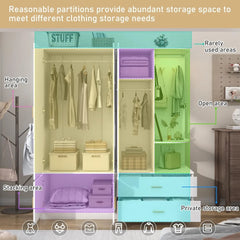 Armoire Wardrobe Closet with Mirror and Sensor Light, Bedroom Armoire with 5 Doors 2 Drawers, Modern Wooden Large Wardrobe