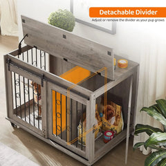 Dog Crate, End Table with Wheels and Flip Top Plate Dog House with Detachable Divider and Sliding Barn Door, Dog Crate