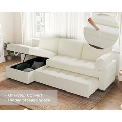 Pull Out Sofa Bed, Modern Tufted Convertible Sleeper Sofa, L Shaped Sofa Couch with Storage Chaise, Chenille Sectional Couch Bed