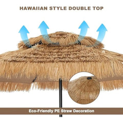 10ft Tiki Umbrella with LED Lights Thatched Patio Umbrella Hawaiian Style Beach Umbrellas Pool Umbrella for Outdoor Tiki Bar, Tr