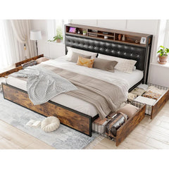 EnHomee 4 Drawers King and Headboard UpholsteredKing Size Bed Frame with Storage & amp