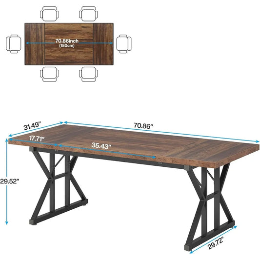 Farmhouse Dining Table for 6 People, 70.8-Inch Rectangular Wood Dining Table, Rustic Kitchen Table with Heavy Duty Me