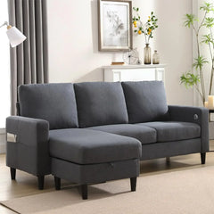 Convertible Sectional Couches for Living Room, L-Shaped Couch 3 Seats Sofas with Storage Chaise & 2 Cup Holders