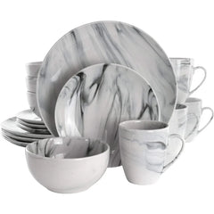 Fine Round Gloss Dinnerware Dish Set, 16 Piece, Black and White Marble