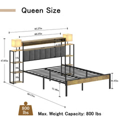 Queen Size Bed Frame with Bookcase Upholstered Headboard, Metal Platform Bedframe with Storage Nightstand and Table Lamp, Bed