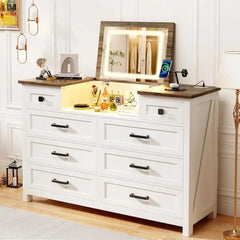 Dresser with Mirror, White Dresser for Bedroom, 8 Drawers Dressing Table with Charging Station, Farmhouse Makeup Vanity, Vanity