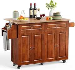 Kitchen Island with Drop Leaf and Storage, on Wheels Two Drawers, Large Storage Cabinet, Towel Rack Spice Cart Brown