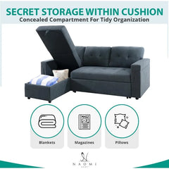 Jenny Sectional Sofa Sleeper with Storage Chaise, Tufted Pull Out Couch with Storage, Sectional Sofa Bed, Velvet