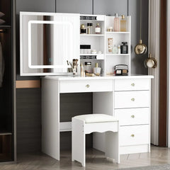 Homsee Vanity Desk Set Makeup Table with Large Sliding Lighted Mirror & Glass Top, Modern Dressing Table with Drawers,