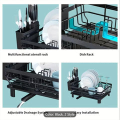 Iron Dish Drying Rack with Drainboard Drainers for Kitchen Counter Sink Adjustable Spout Strainers with Knife Utensil Holder