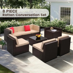 8PCS Outdoor Wicker Rattan Patio Furniture Sectional Set with Hidden Storage 7 Sofa Sections Oversized Cushions