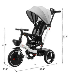 Baby Tricycle, 6-in-1 Baby Push Bike Steer Stroller, Detachable Guardrail, Adjustable Canopy, Safety Harness, Folding Pedal