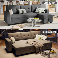 Furniwell Sleeper Sofa, Sofa Bed with Storage Chaise, Tufted Linen Sofa Sleeper, Small L-Shape Pull Out Bed Sectional Couches fo