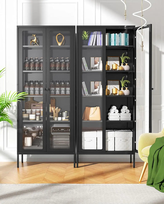 Living Room Cabinets, Display Curio Glass Storage Cabinet with Glass Doors and 4 Shelves, Tall Bookcase Bookshelf Cabinets