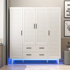 Large Capacity Wardrobe Armoire for Bedroom, 4 Door LED Wardrobe Closet with Drawers, Multi-Tier Shelves & Hanging Rod, White