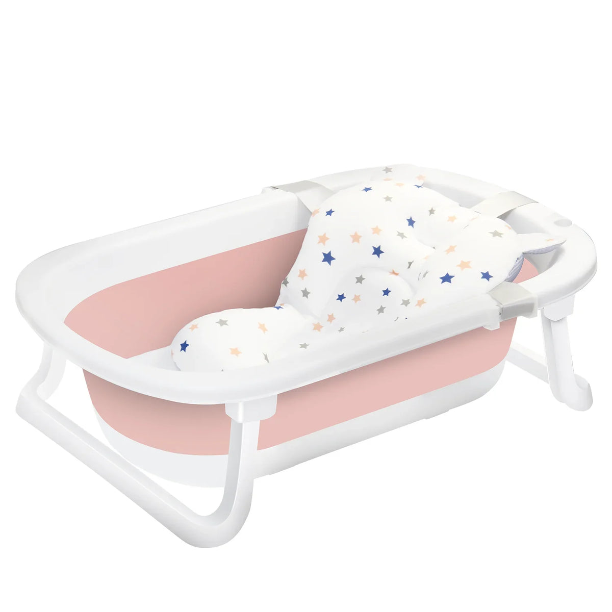 Foldable Baby Bathtub for Infants to Toddlers 0-24 Months, Portable Travel Multifunctional with Newborn Cushion & Anti-skid Pad