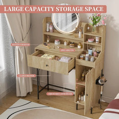 Fluted Makeup Vanity Desk with Mirror and Lights Modern Drawer Storage LED Table Power Outlet Small for Bedroom Dressing