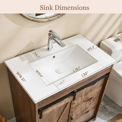 30" Farmhouse Bathroom Vanity with Sink,Modern Bathroom Cabinet w/3 Drawers , Floor Standing Bathroom Vanity , Light Brown