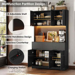 71'' Tall Kitchen Pantry Storage Cabinet with Power Outlets and Led Lights,Large Kitchen  Buffet Cabinet with Microwave Stand