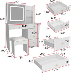 Homsee Vanity Desk Set Makeup Table with Large Sliding Lighted Mirror & Glass Top, Modern Dressing Table with Drawers,