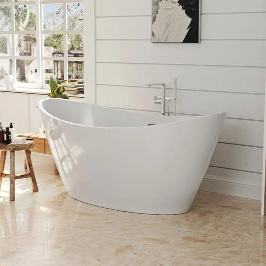 Bathtub, 59-inch, Acrylic Freestanding, Deep Soaking Tub with Overflow and Drain, Spa Tubs, Bathroom Freestanding Tubs