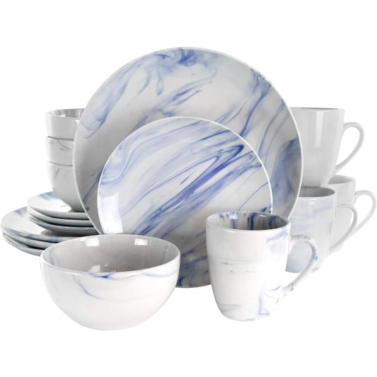 Fine Round Gloss Dinnerware Dish Set, 16 Piece, Black and White Marble