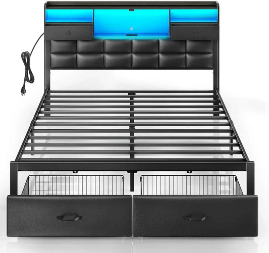 Bed Frame King Size with Drawers and Charging Station, Upholstered Platform Bed with Storage Headboard and LED Light