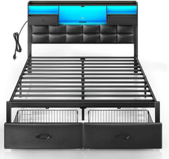 Bed Frame King Size with Drawers and Charging Station, Upholstered Platform Bed with Storage Headboard and LED Light