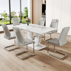 Dining Table Set for 6, Kitchen Table Chairs Set of 6, Modern Dining Room Set with 63'' Marble Dinner Table PU Leather Chairs