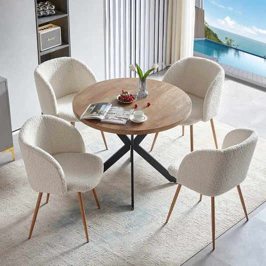 Dining Table set, MDF Table-top, Fuzzy Sherpa Armchairs with Wood Grain Metal Leg for Kitchen, Reception Room, Dining Table set